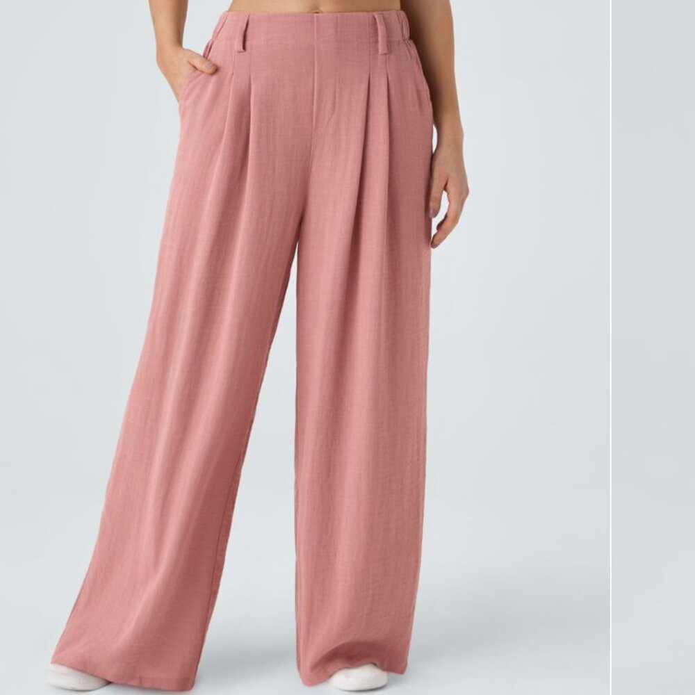 Halara High Waisted Pocket Wide Leg Flowy Solid Palazzo Casual Linen Feel Pants